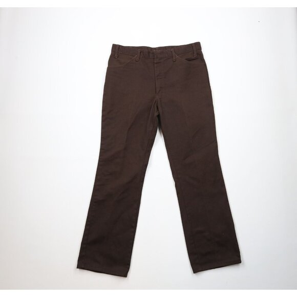 Vintage 70s Dickies Mens 34x30 Faded Spell Out Flared Bootcut Jeans Brown USA